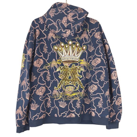 Christian Audigier Men's Full Zip Hoodie Size L (READ) Blue Gold Leopard Crown - Picture 2 of 8